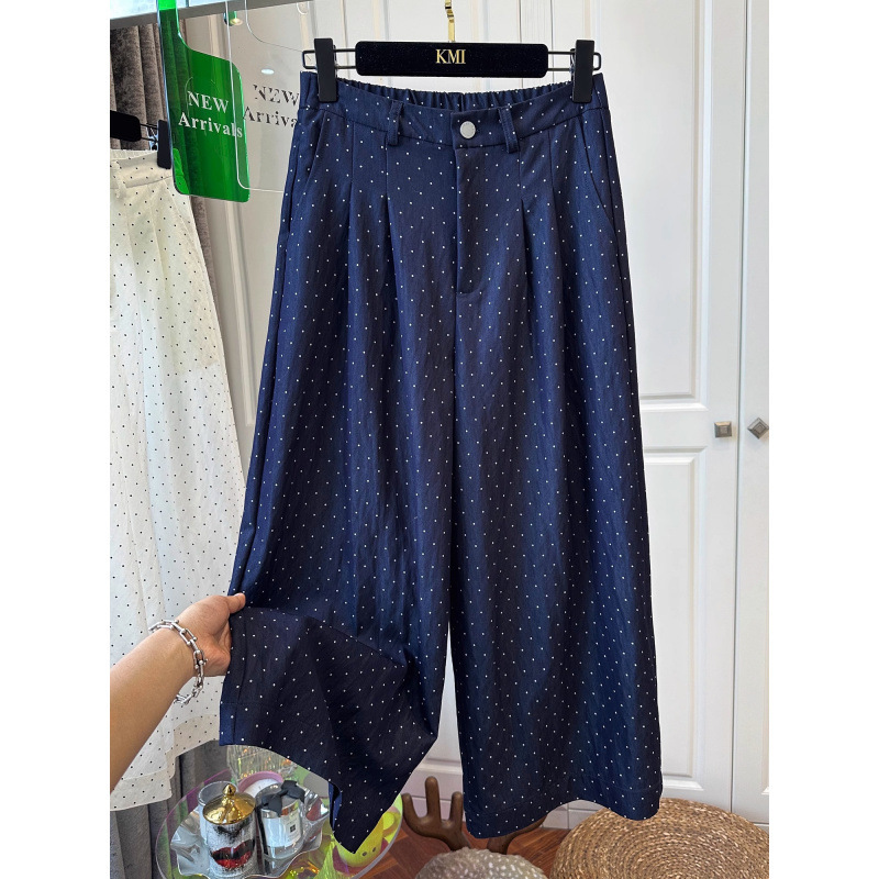 FYQ--ウォッシュドコットン水玉ワイドレッグパンツ女性の夏の新しいハイウエストドレープ9点カジュアルストレートパンツ|undefined