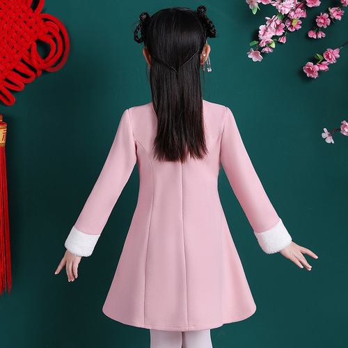 Girls Chinese dress Qiapo cheongsam Chinese New Year Fairy Hanfu Clothes Winter style velvet padded Tang Suit with headdress