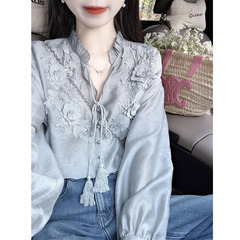 法式气质刺绣花朵设计感长袖衬衫女2025春秋宽松显瘦衬衣百搭上衣