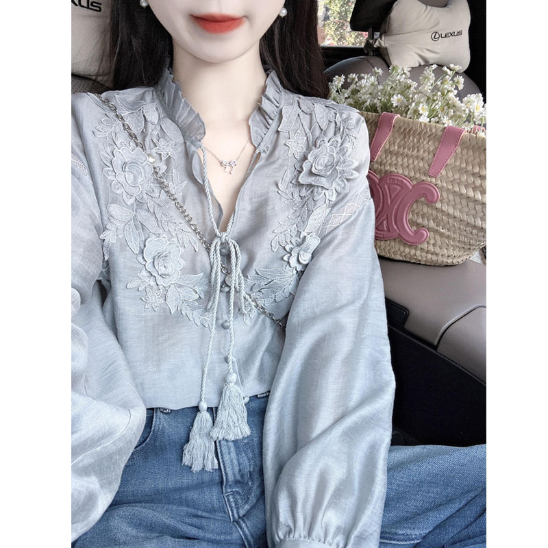 法式气质刺绣花朵设计感长袖衬衫女2025春秋宽松显瘦衬衣百搭上衣|undefined