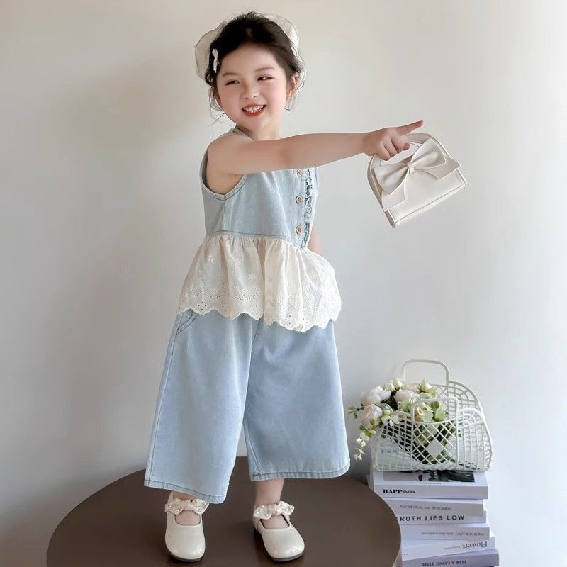 女童套装夏季2025新款仿牛仔花边洋气韩版无袖背心阔腿裤两件套