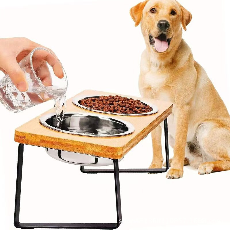 Cross-Border Elevated Cat Bowl with Tilted Stainless Steel Cat Food Bowl, Bamboo Stand, Anti-Vomiting Feeding Solution Suitable for Indoor Cats and Pets