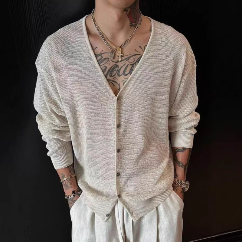 2026 Autumn New Old Money Style V-Neck Cardigan for Men, Lightweight Casual Button-Up Loose-Fit Cool Long-Sleeve T-Shirt