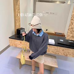 25ss韩系学院风设计感下摆抽绳撞色条纹百搭显瘦POLO领长袖T恤女