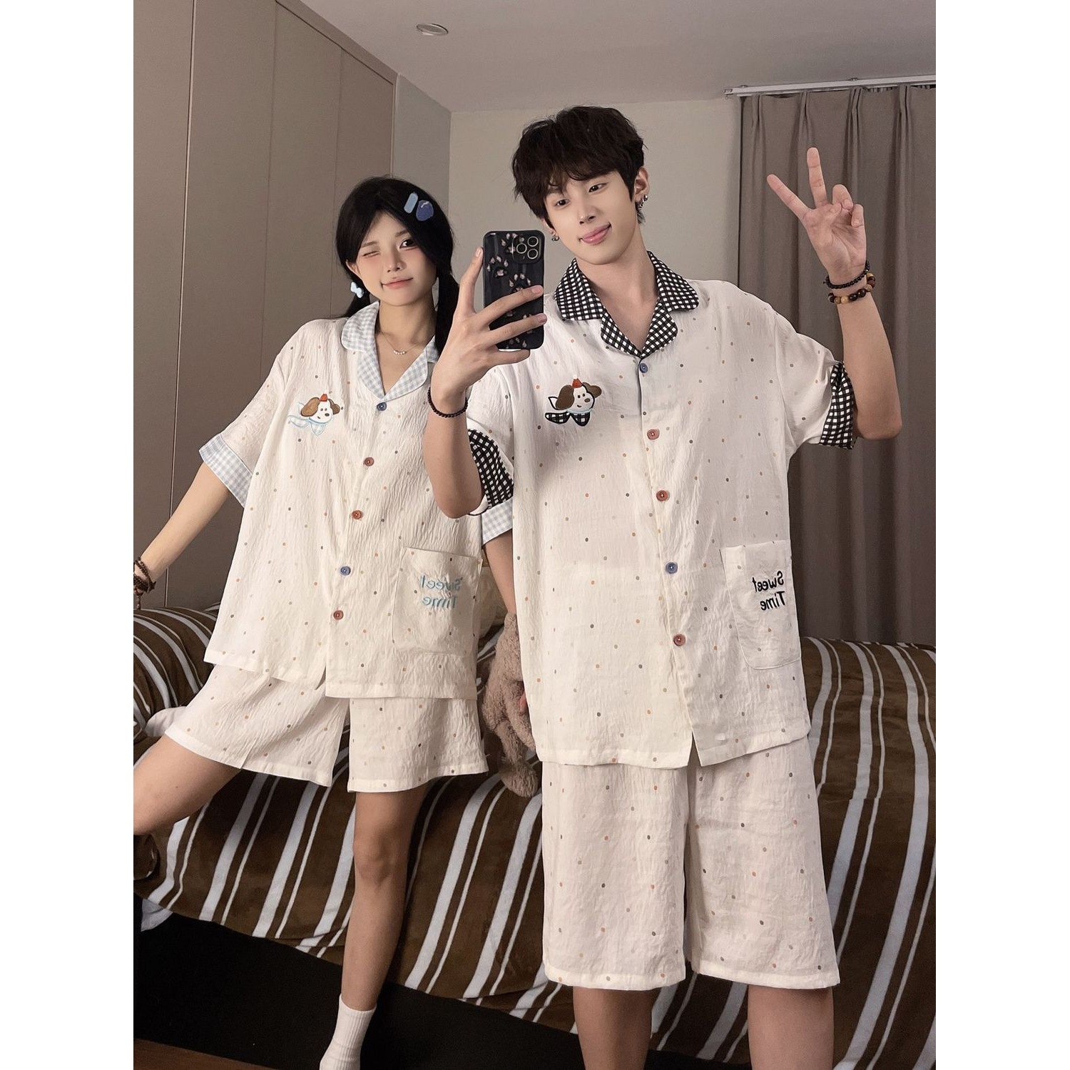 Couple Pajamas Women's Summer Short-Sleeved 2025 New Cloud Cotton Cute Polka Dot Dog Men's Summer Home Wear Set