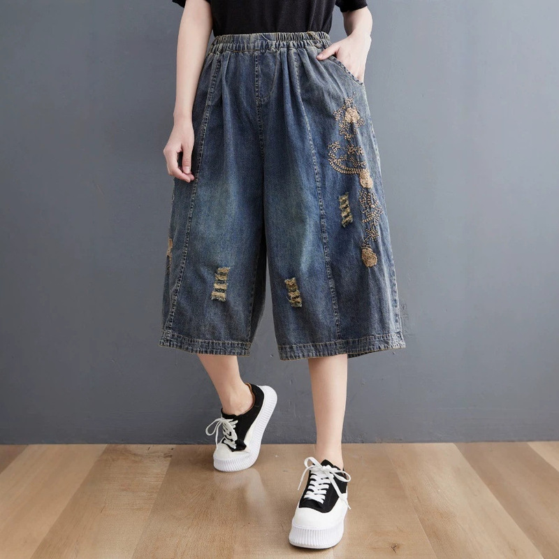 Plus Size Denim Wide Leg Pants for Women 2023 Summer New Loose Slimming Look Elastic Waist Embroidered Ripped Cropped Pants for Women Plus Size Denim Wide Leg Pants for Women 2023 Summer New Loose Slimming Look Elastic Waist Embroidered Ripped Cropped Pants for Women