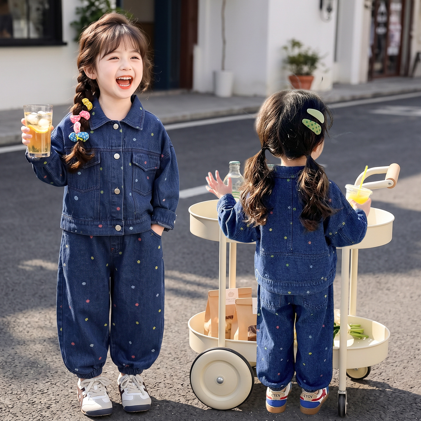 Girls' Internet Celebrity Polka Dot Denim Outfit, Fall 2026 New Fashionable Casual Two-Piece Set for Baby Girls, Children's Clothing