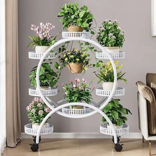 New Flower Stand Wrought Iron Multi-Layer Wheeled Pothos Flower Pot Stand Living Room Balcony Floor-Standing Removable Indoor Flower Pot Set