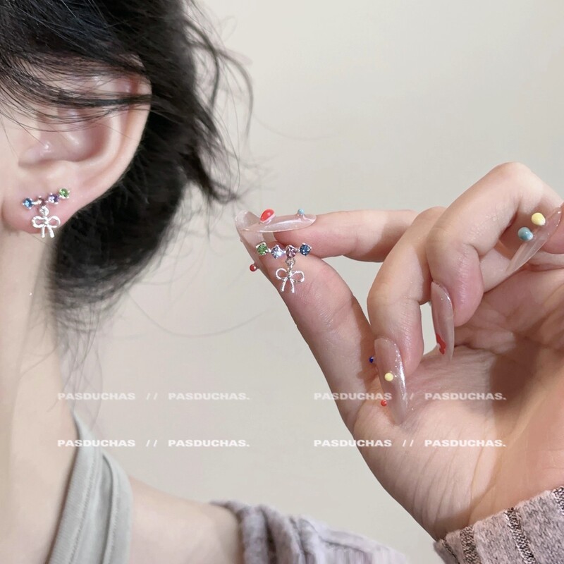 甜美彩色锆石蝴蝶结耳钉女小众独特设计感优雅个性绝美百搭耳饰|undefined