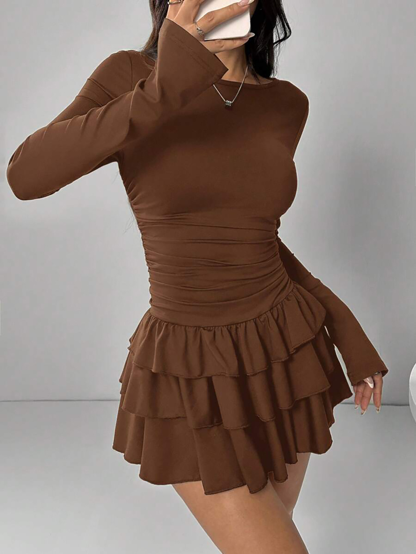 Women's Solid Color Slim Fit Ruffled Panel Long Sleeve Bodycon Mini Dress – Elegant Casual Gown_ecoleips.com