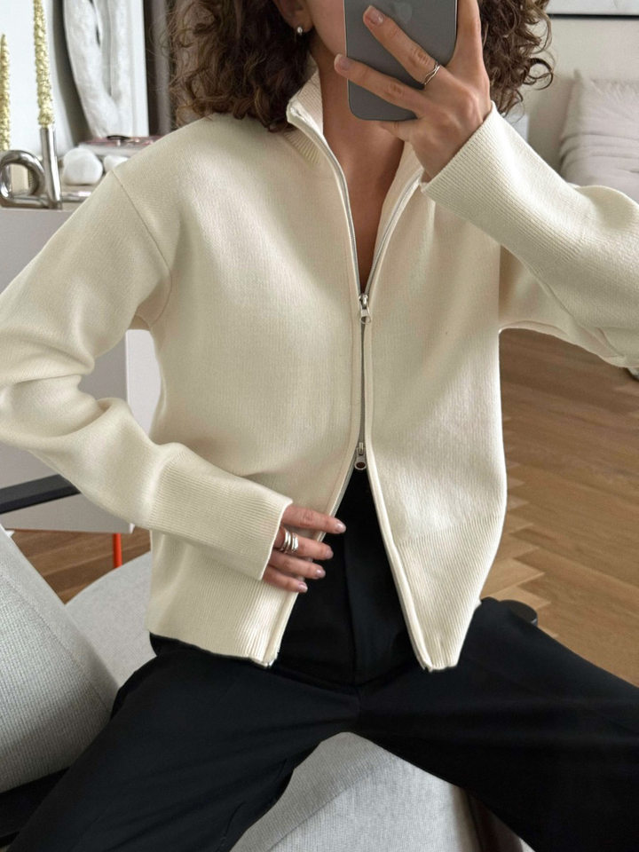 Áo khoác cardigan len dệt kim cổ đứng khóa kéo hai chiều dài tay — Màu nâu cà phê, Màu trắng, màu đen, màu đỏ