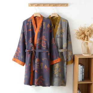 Men's lace-up nightgown spring/summer autumn mid-length kimono bathrobe double-layer mesh jacquard cotton home wear sweat steaming clothes