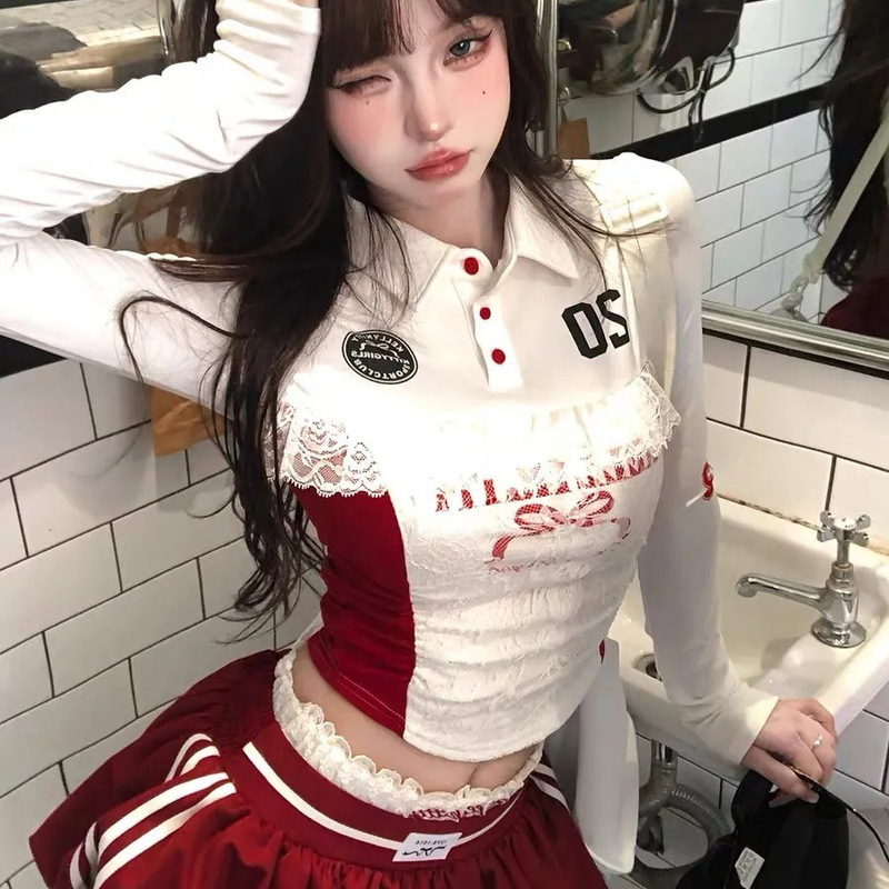 Light Luxury Pure Desire Ballet American Sweet and Spicy Lace T-shirt Women's Early Autumn Tight Slimming Polo Shirt Cropped Top Young