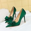 3265-H2 Korean Fashion Slim High Heel Shoes with Fine Heels， Satin， Shallow Mouth， Pointed Bow Tie， Single Shoe， High He