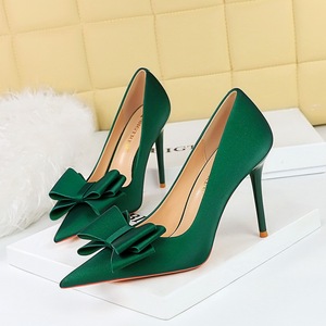 3265-H2 Korean Fashion Slim High Heel Shoes with Fine Heels, Satin, Shallow Mouth, Pointed Bow Tie, Single Shoe, High He