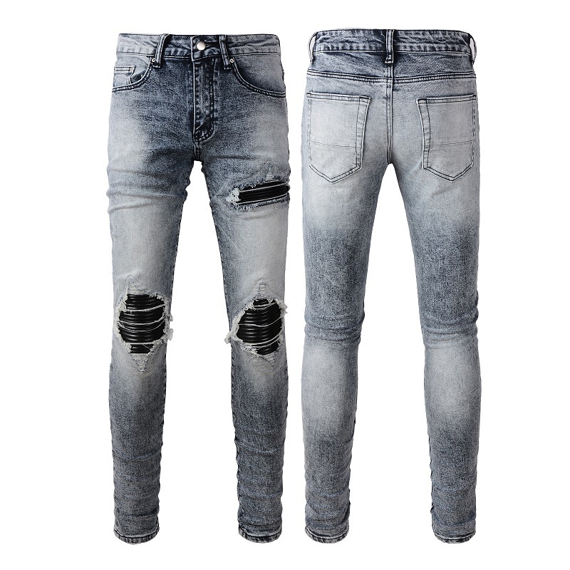 Vêtements pour hommes dans le même style moustaches de chat froissées patchwork noir trous en cuir élastique slim fit jeans skinny jeans_voghion.com
