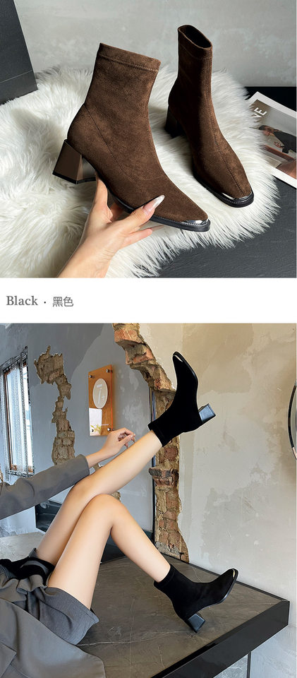 Bốt nữ ngắn mũi vuông gót dày 7 cm chất liệu da lộn phối cashmere — màu nâu, đen chi tiết 8