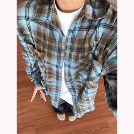 美式复古刺绣格子衬衫春秋新款宽松休闲百搭设计感小众日常防晒衫