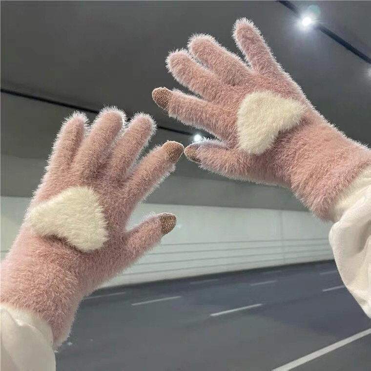 新款毛绒爱心触屏户外五指手套可爱针织秋冬保暖防风冬季少女手套|undefined