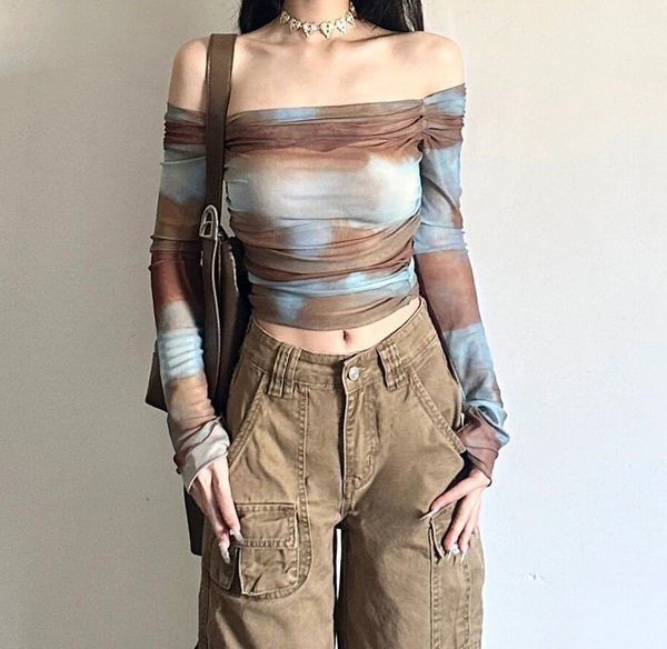 女性用ワンショルダーTシャツ、春スリムフィットトップ、グラデーションへそ出し長袖ボトムシャツ、2025年夏新スタイル|undefined