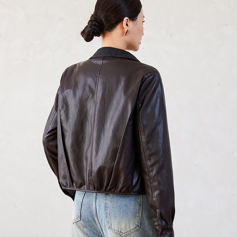 Áo khoác da nữ cổ bẻ dáng ôm phối lông bên trong kiểu mới — màu cà phê, đen, Màu cà phê Fleece dày, Màu đen Fleece dày chi tiết 12