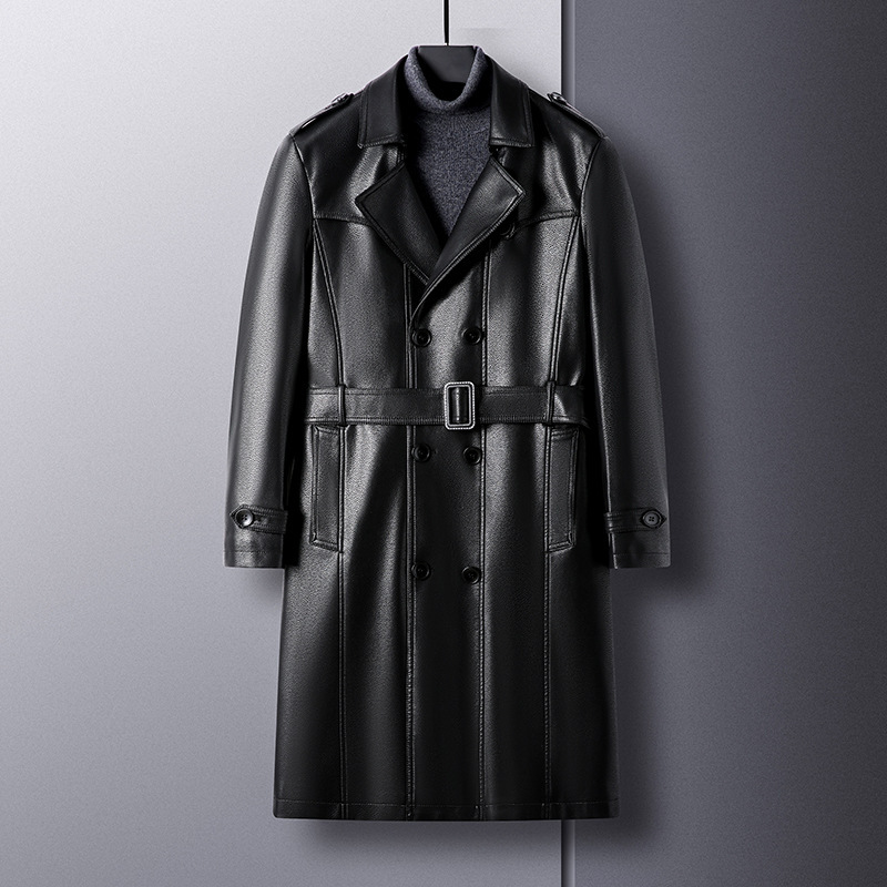 Men's Leather Jacket Trench Coat Autumn and Winter New Double-Breasted Fleece-Lined Pu Leather Coat Middle-Aged Extended Length Men's Leather Jacket Men's Leather Jacket Trench Coat Autumn and Winter New Double-Breasted Fleece-Lined Pu Leather Coat Middle-Aged Extended Length Men's Leather Jacket