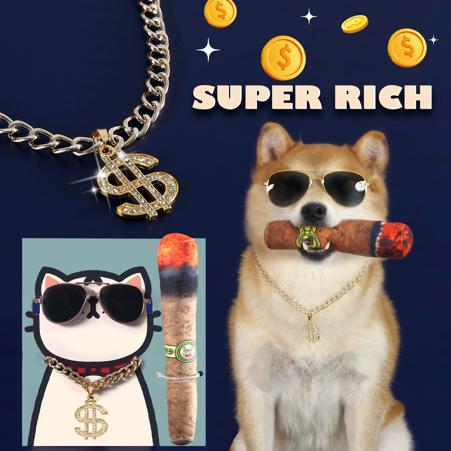Внешняя торговля домашними животными Доллар бриллиантовый кулон золотое ожерелье солнцезащитные очки