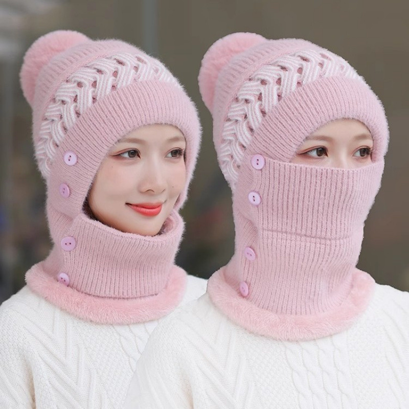 针织百搭妈妈帽秋冬季男女毛线帽三件套老太帽欧美防风寒棉帽拼接