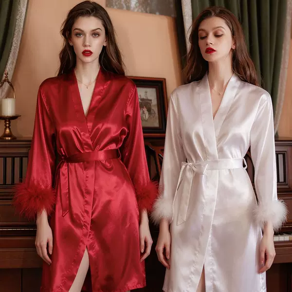 bride Gown morning gown women's feather nightgown wedding makeup bridesmaid group wedding kimono satin bathrobe
