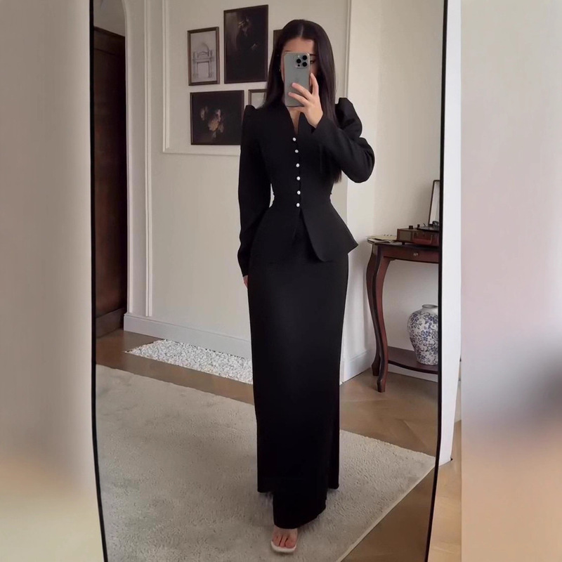 European and American Foreign Trade Women's Clothing 2025 Autum New Pure Color Single-Breasted Suit Top Hip-Covering Skirt Suit for Women