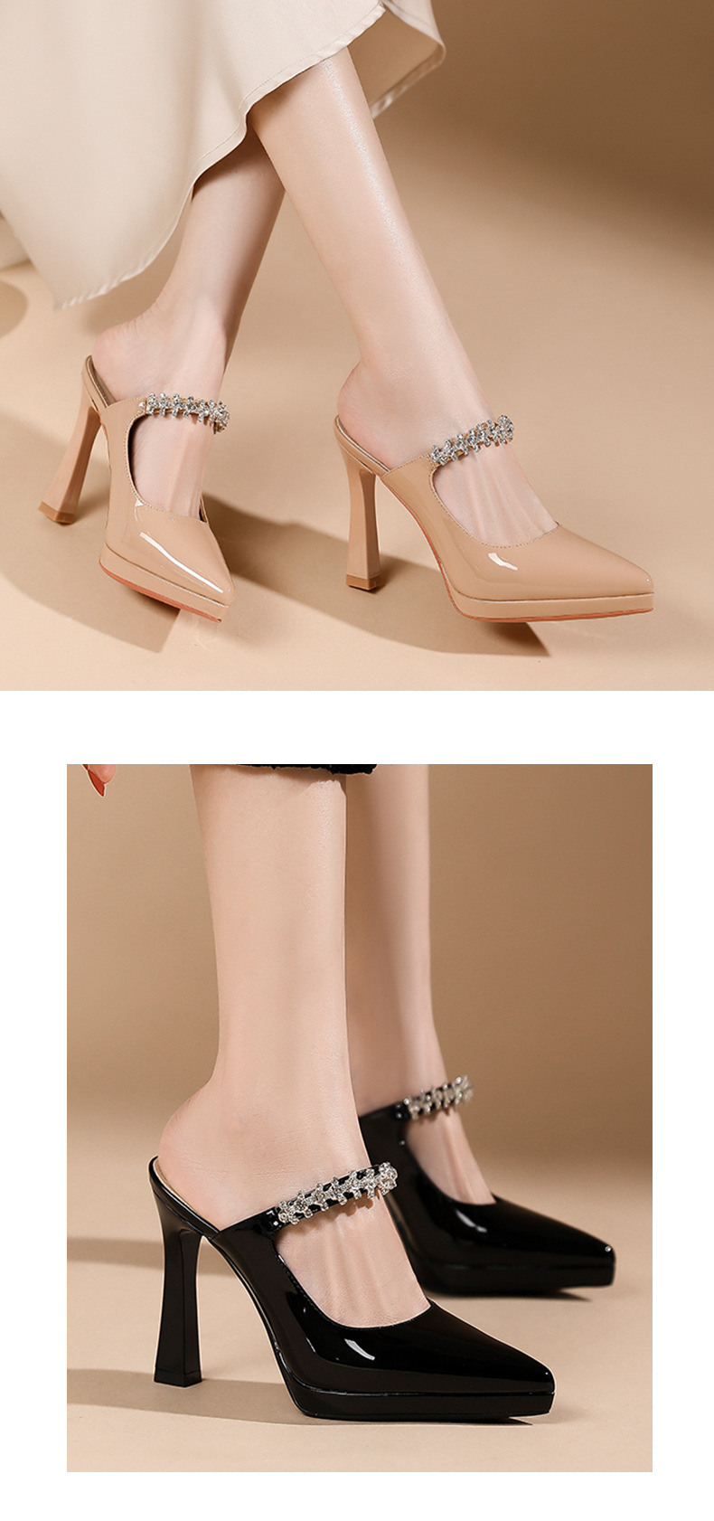 Sandal cao gót nữ mũi nhọn quai ngang đính đá gót 10 cm — Đen-10cm chi tiết 6