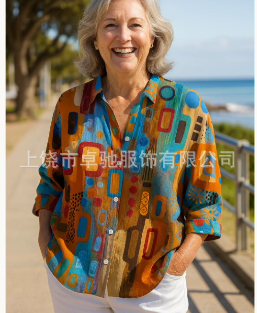 新しい 2025 レディースロングシャツ女性の夏のヨーロッパとアメリカのトレンド長袖シャツプリントパターンプリント 3D シャツ|undefined