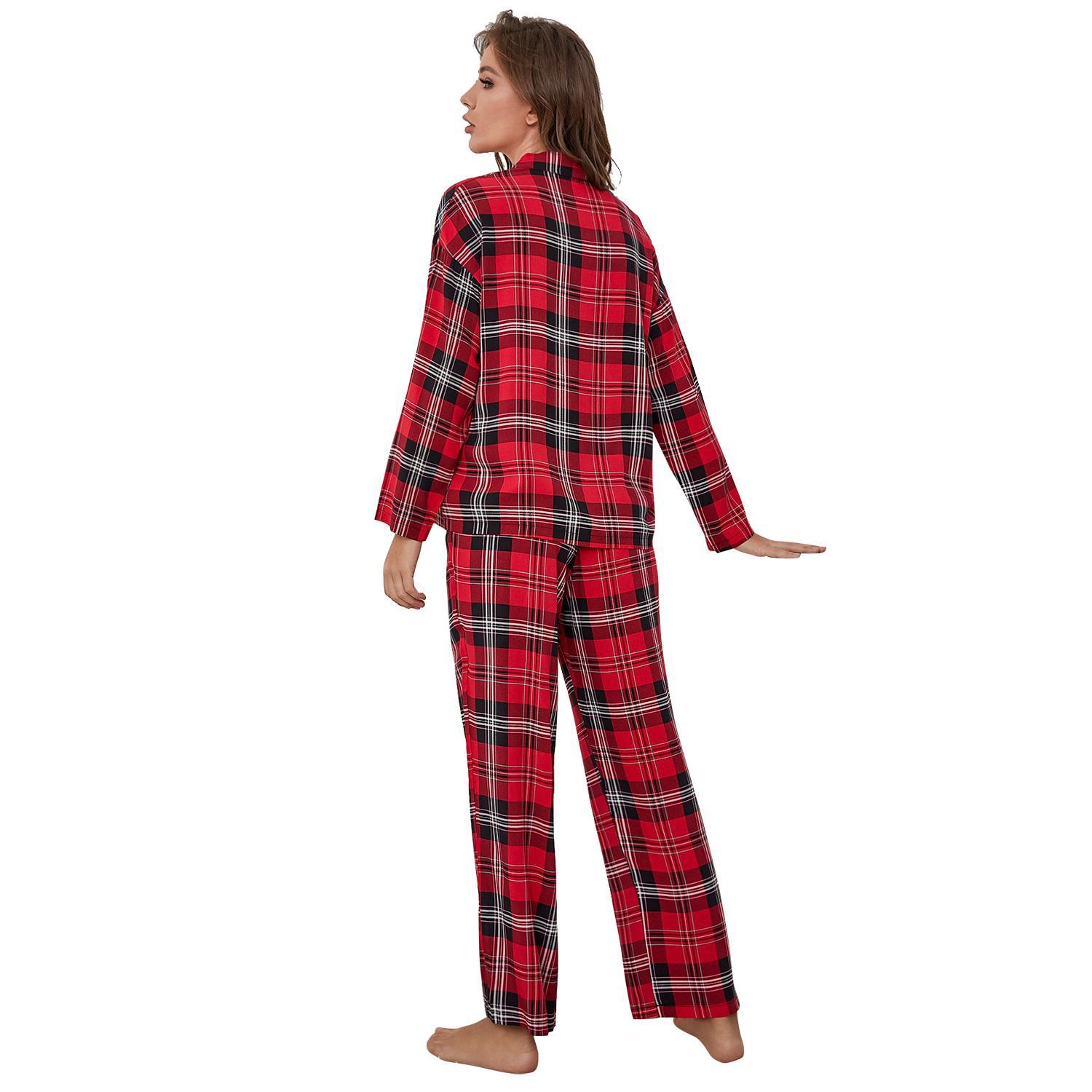 women red plaid long sleeved autumn and winter home clothes two piece set that can be worn outside foreign trade  _voghion.com