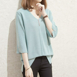 2025 New Plus Size Women's Spring and Autumn Ice Silk Loose Top 100kg Slimming Tummy Covering Thin Knit Sweater