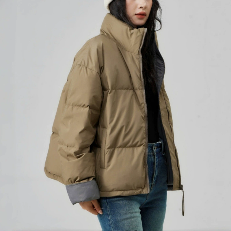 Куртка-пуховик с воротником-стойкой для женщин, новинка 2025 года, с цветовыми блоками, укороченная, из белого утиного пуха, теплая, универсальная зимняя куртка