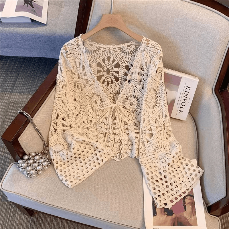 Gouhua Hollow Lace-up Knitted Cardigan Women's Summer New Bohemian Vacation Long-sleeved Shawl Top AL202 Gouhua Hollow Lace-up Knitted Cardigan Women's Summer New Bohemian Vacation Long-sleeved Shawl Top AL202