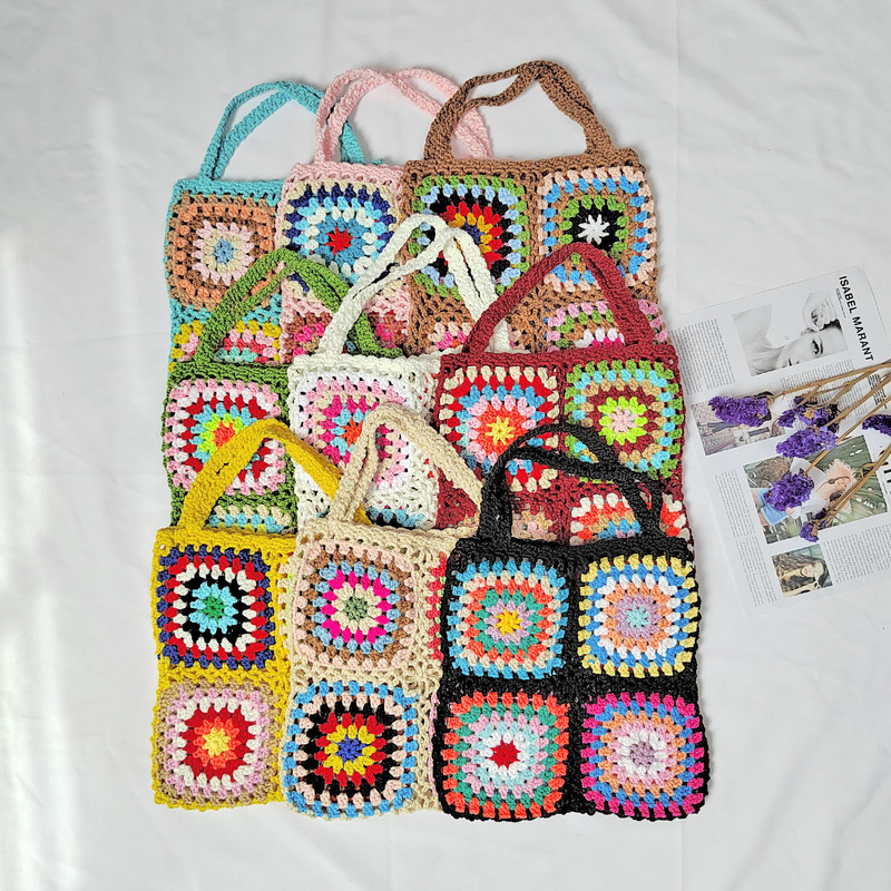 Women's bag grandma Plaid pure hand hook color random contrast color stitching handbag ethnic style shoulder bag 191263