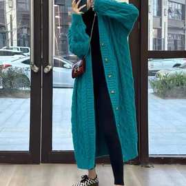 长款外套蓝色粗棒针织开衫女外套