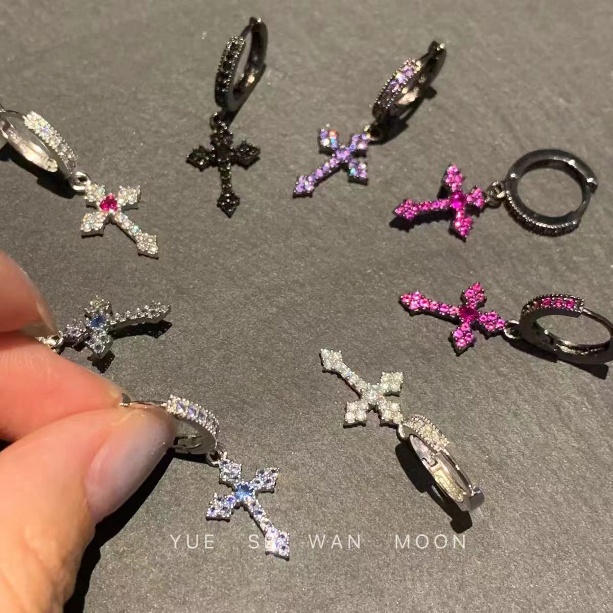 Vintage Sweet Cool Spicy Girl Multicolor Diamond Cross Hoop Earrings Gothic Unique Niche High-End Earrings