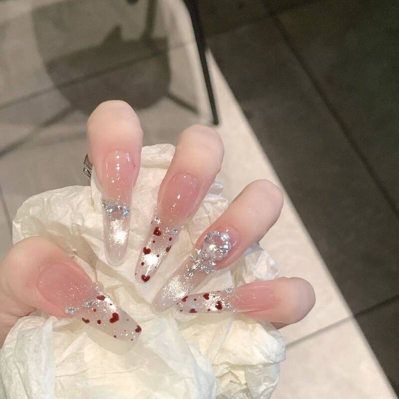 New Style Whitening French Heart-Shaped Glass Bead Cat Eye Nail Art Wearable Nails, Popular on Instagram, Same Style as Internet Celebrities, Handmade Wearable Nails