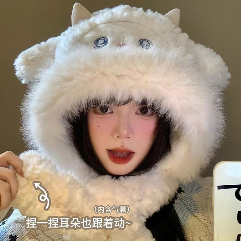 可爱小绵羊毛绒帽女冬季新款防寒保暖帽子围巾一体加厚护耳雷锋帽|undefined