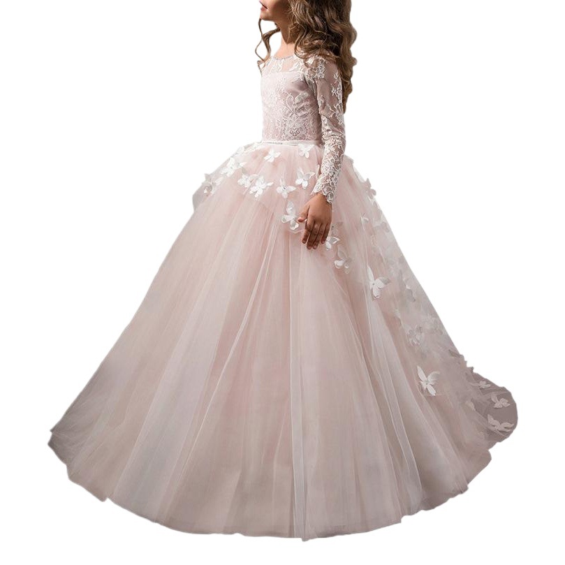 Vestido de princesa de manga larga con cola para niñas, estilo hada, con encaje y mariposas, para bodas, de Amazon transfronterizo.