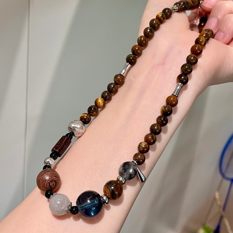 中古风虎眼石串珠项链女天然石水晶锁骨链复古百搭小众气质颈链潮|undefined