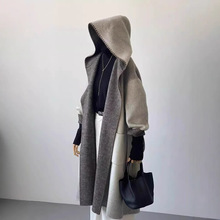 工厂轻奢设计师款双面羊绒连帽大衣女2025秋冬季灰色渐变长款外套