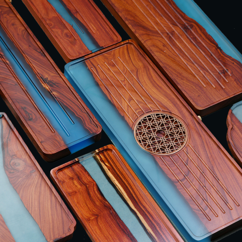 Bandeja de té de resina de sándalo rojo de hoja pequeña bandeja de té de madera maciza Oficina húmeda y seca juego de té creativo de doble uso simple lujo ligero