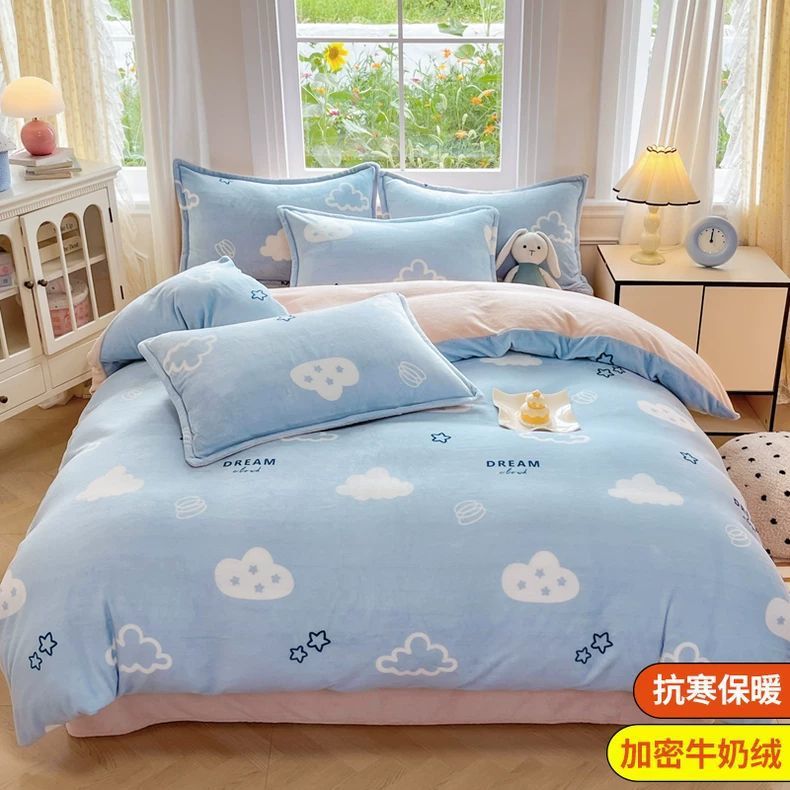 2025 nuevo conjunto de ropa de cama de lana de leche de cuatro piezas en invierno para engrosar el conjunto de sábanas de lana de coral cubierta