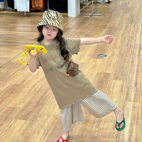 2024 new summer children's clothing, Korean style children's clothing, girls' cute printed long T-shirt, short-sleeved T-shirt skirt