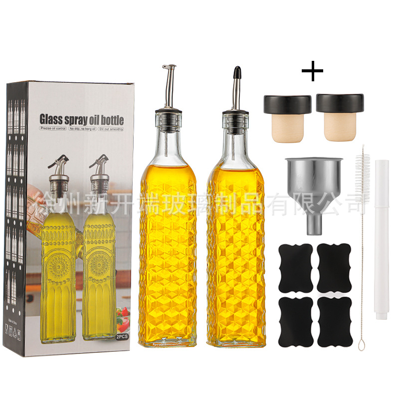 Botella de aceite de vidrio Amazon 500ml dispensador de olla de aceite de oliva verde oscuro Juego de botella de vinagre transfronterizo