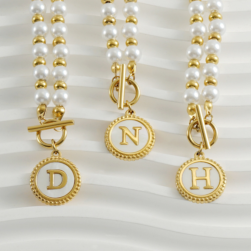 304 Stainless Steel Pendant Material Shell Inlay Material Simple Style Round Letter Imitation Pearl Titanium Steel Inlaid Shell Pendant Necklace 1 Piece