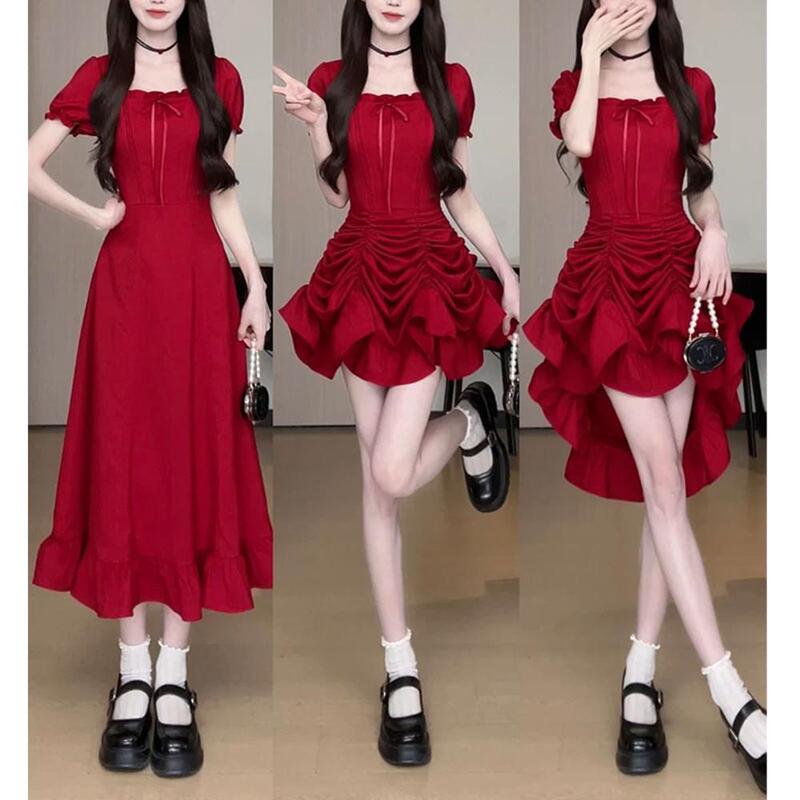 French Red Square Neck One-Skirt Multi-Wear Solid Color Long Skirt Elegant Casual Dress Waist Slimming Cake Skirt Summer French Red Square Neck One-Skirt Multi-Wear Solid Color Long Skirt Elegant Casual Dress Waist Slimming Cake Skirt Summer